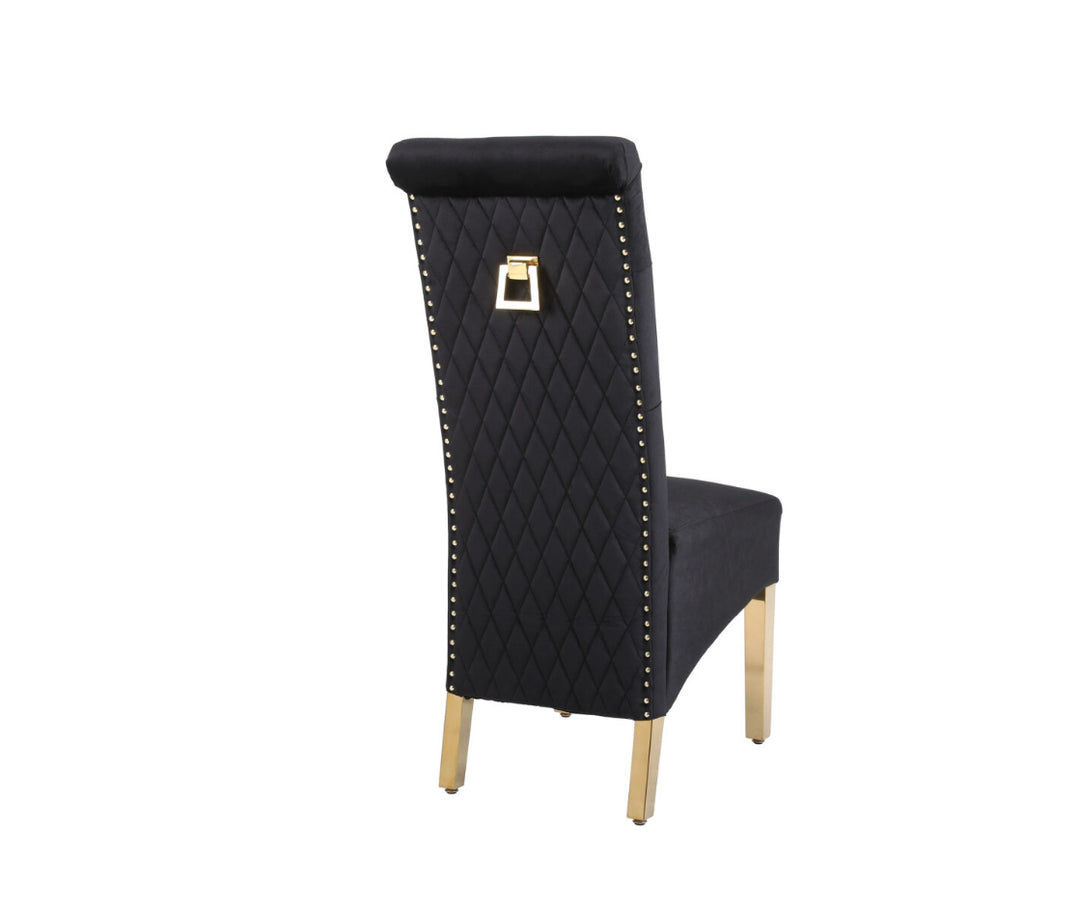 A black dining chair with gold accents and a square knocker, featuring a upholstered backrest and seat, with wooden legs.