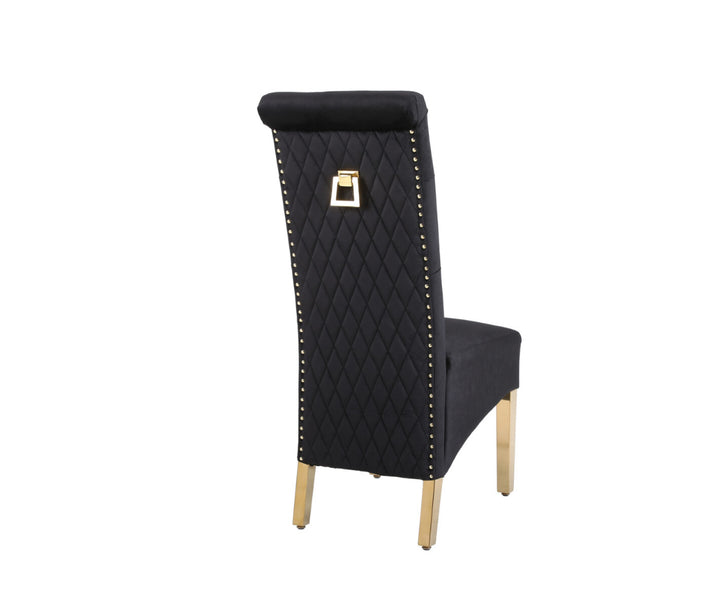 A black dining chair with gold accents and a square knocker, featuring a upholstered backrest and seat, with wooden legs.