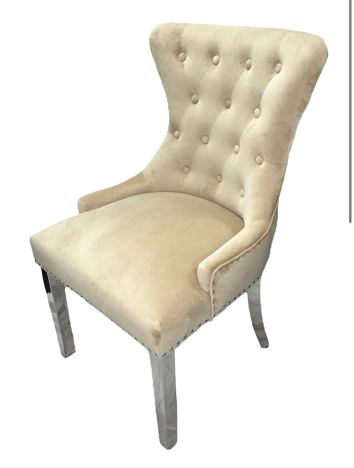 Ariana Marble Dining Table Light Grey + Jessica Dining Chairs Ring knocker Light Grey