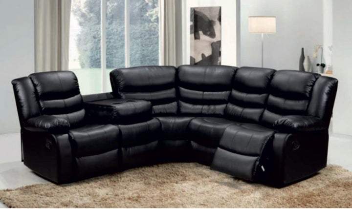 A black faux leather corner sofa with manual recliners on both ends, displayed in a living room setting.