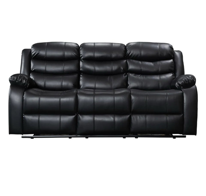 A black leather recliner sofa set, consisting of a 3-seater sofa, with drink holders, displayed in a room with grey flooring and skylights.