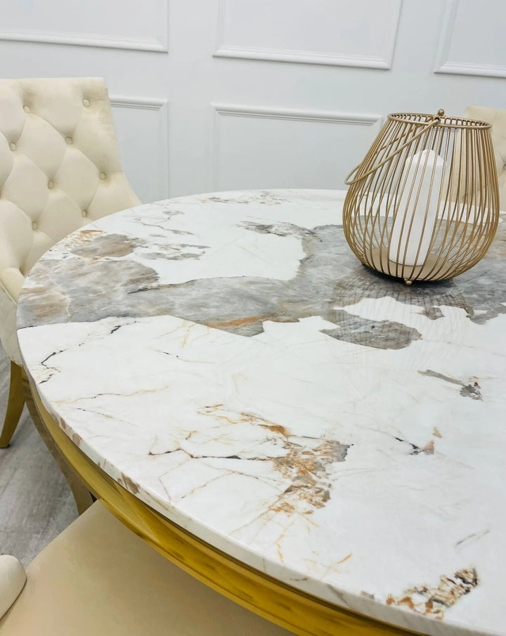 130cm Round Dining Table Pandora  + Mink Dining chairs Lion Knocker