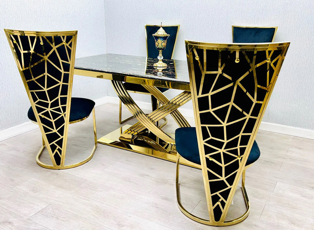 A Vienna black and gold dining table and chair with a upholstered seat and a geometric patterned backrest in gold tone.