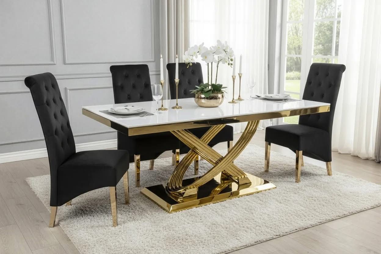 Rose Marble Dining Table Cream And Gold + Sofia Black And Gold Dining ...
