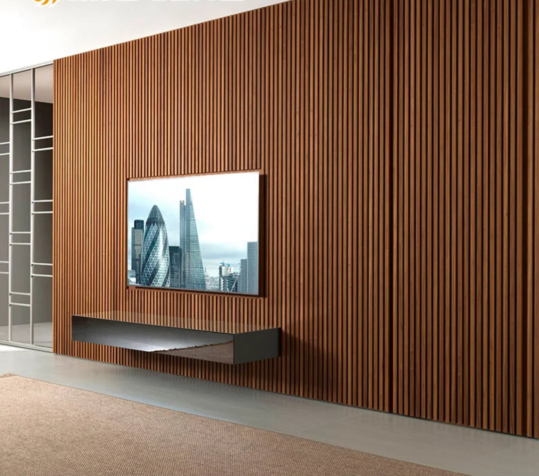 Wood effect veneer wall panels installed on the walls, depicting a cityscape through a large window.