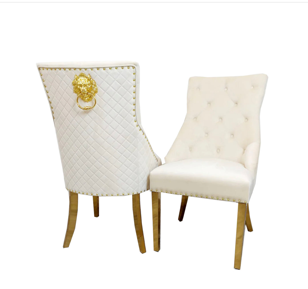 Arianna Marble Gold Dining Table With Bentley Mink and Gold Lion Knocker Dining Chairs