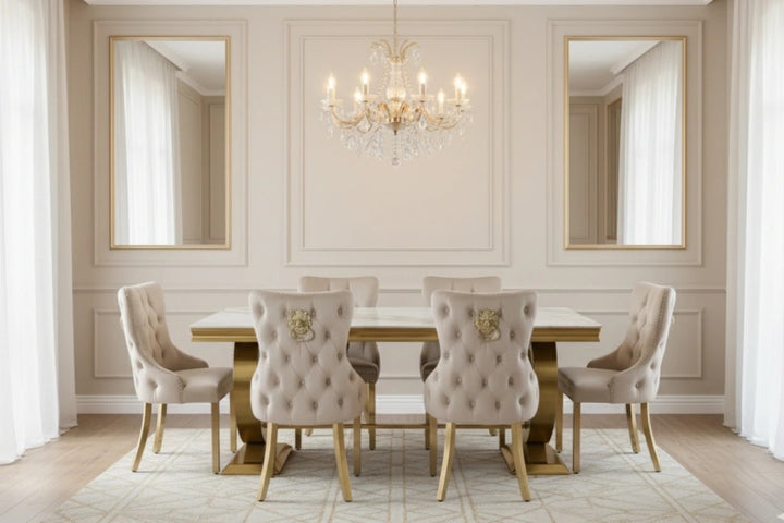 Arianna Gold Marble Dining Table + Victoria Cream and Gold Chairs Lion Knocker