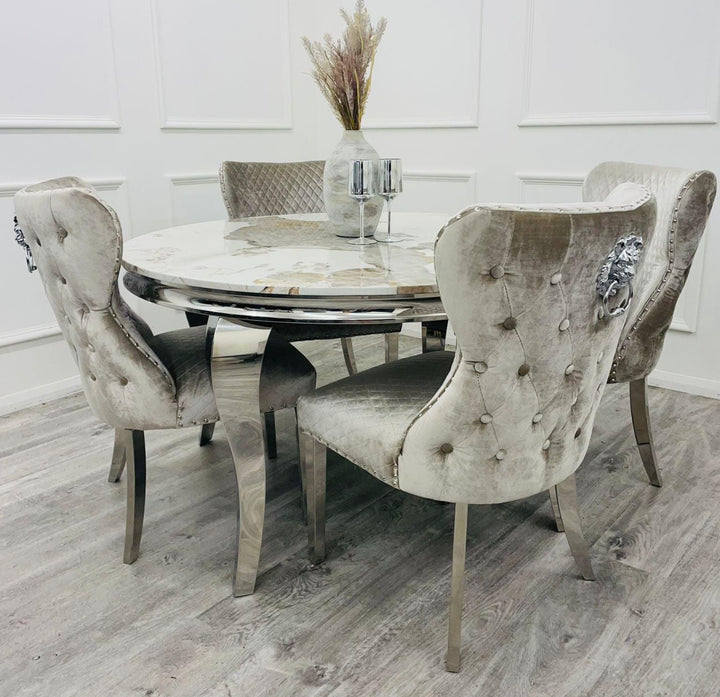 130cm Round Dining Table Pandora  + Mink Dining chairs Lion Knocker