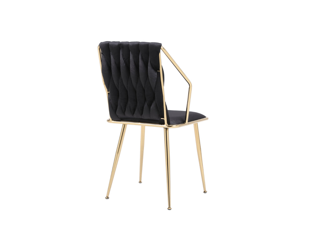A black dining chair with a gold frame and dark upholstery, isolated on a white background.