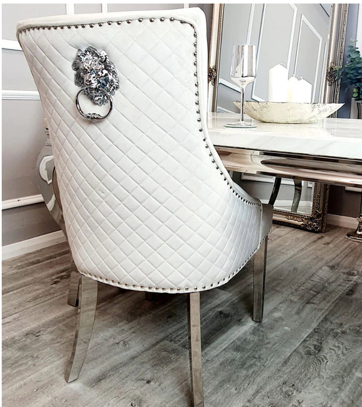 Arriana Marble Dining Table Light Grey With Majestic Dark Grey Lion Knocker Chairs