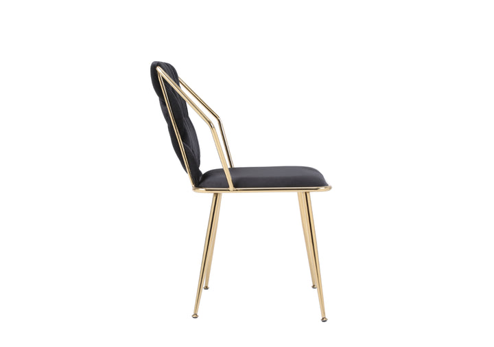 A black dining chair with a gold frame and dark upholstery, isolated on a white background.