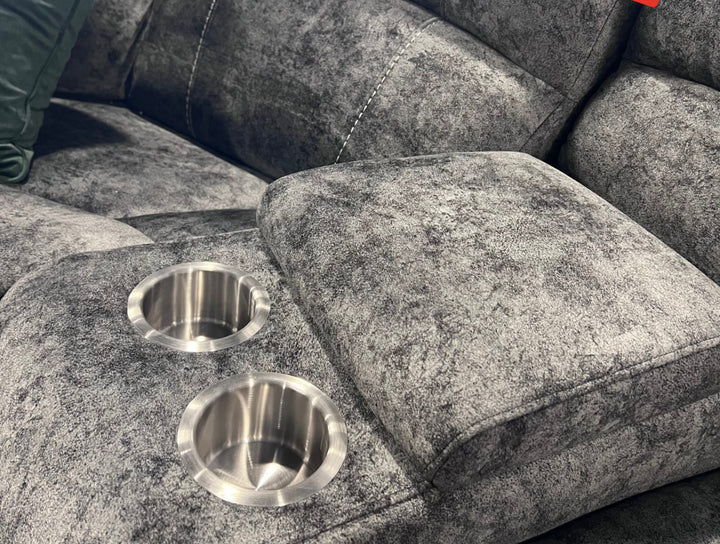 A gray fabric Milan electric recliner sofa with a modular design, including multiple seat units and USB phone chargers.