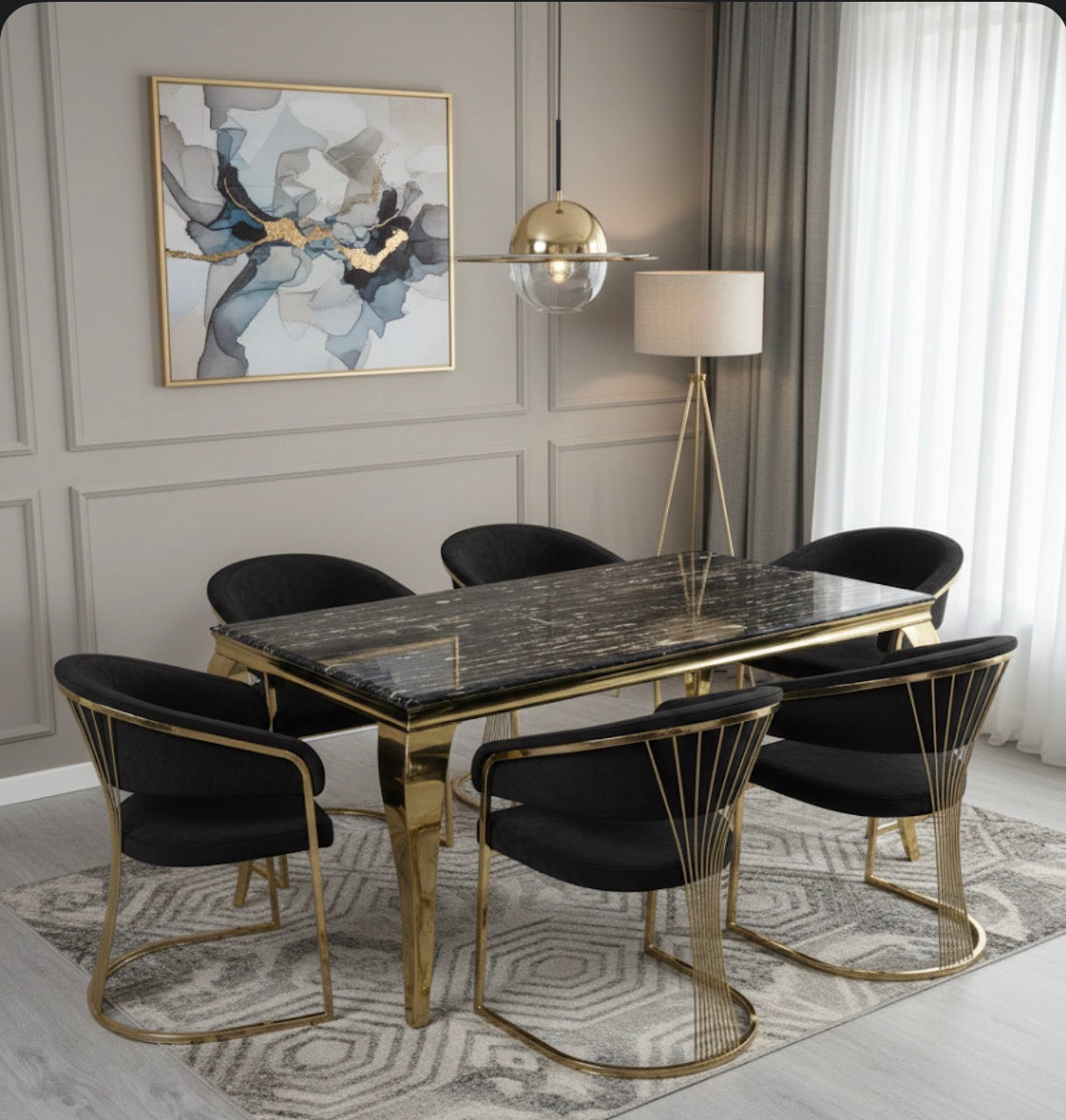 Louis Marble Dining Table Set – Porado Black & Gold Dining Chairs – Mo ...