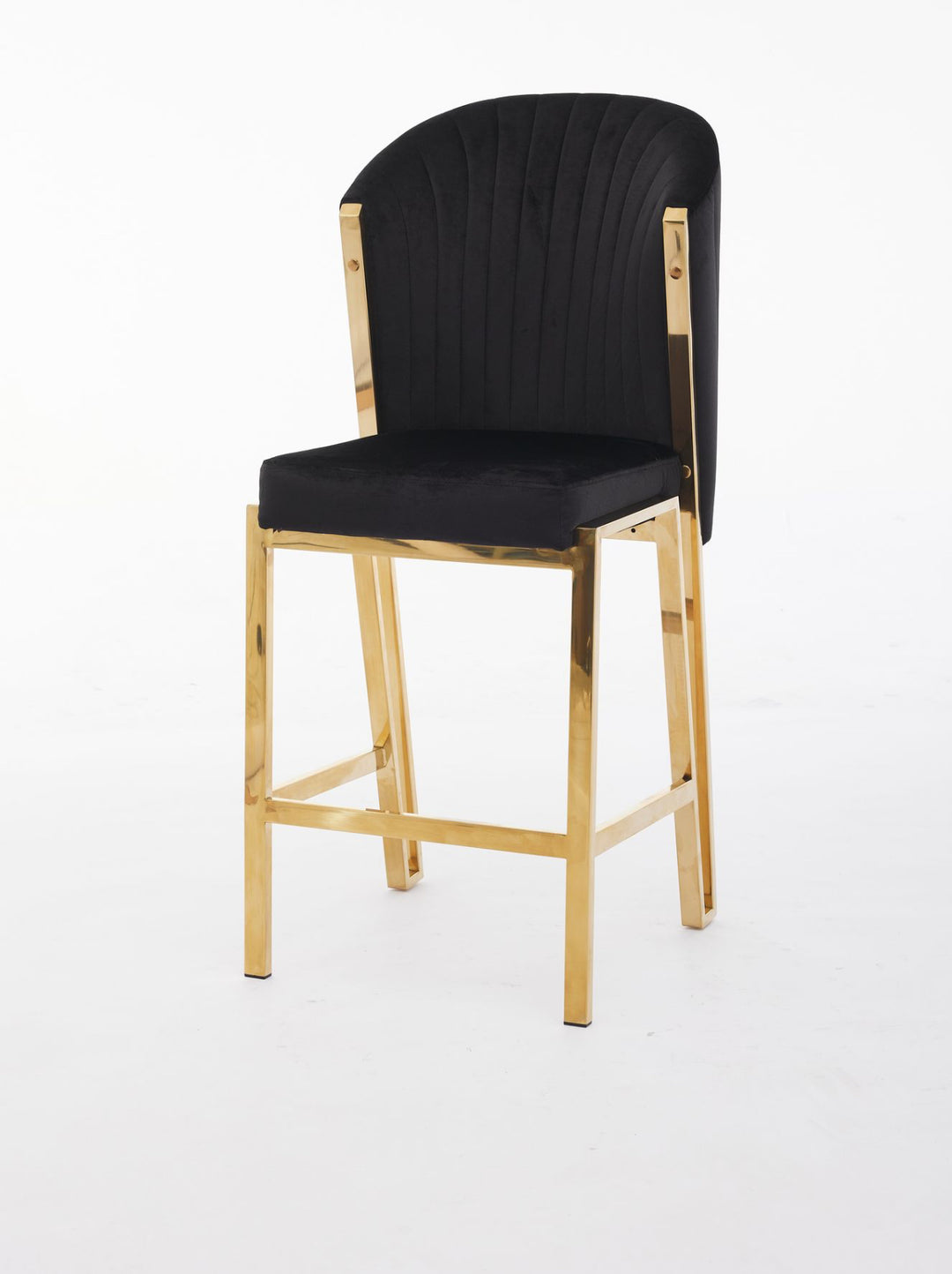 A black and gold bar stool with a padded seat and gold metallic legs.