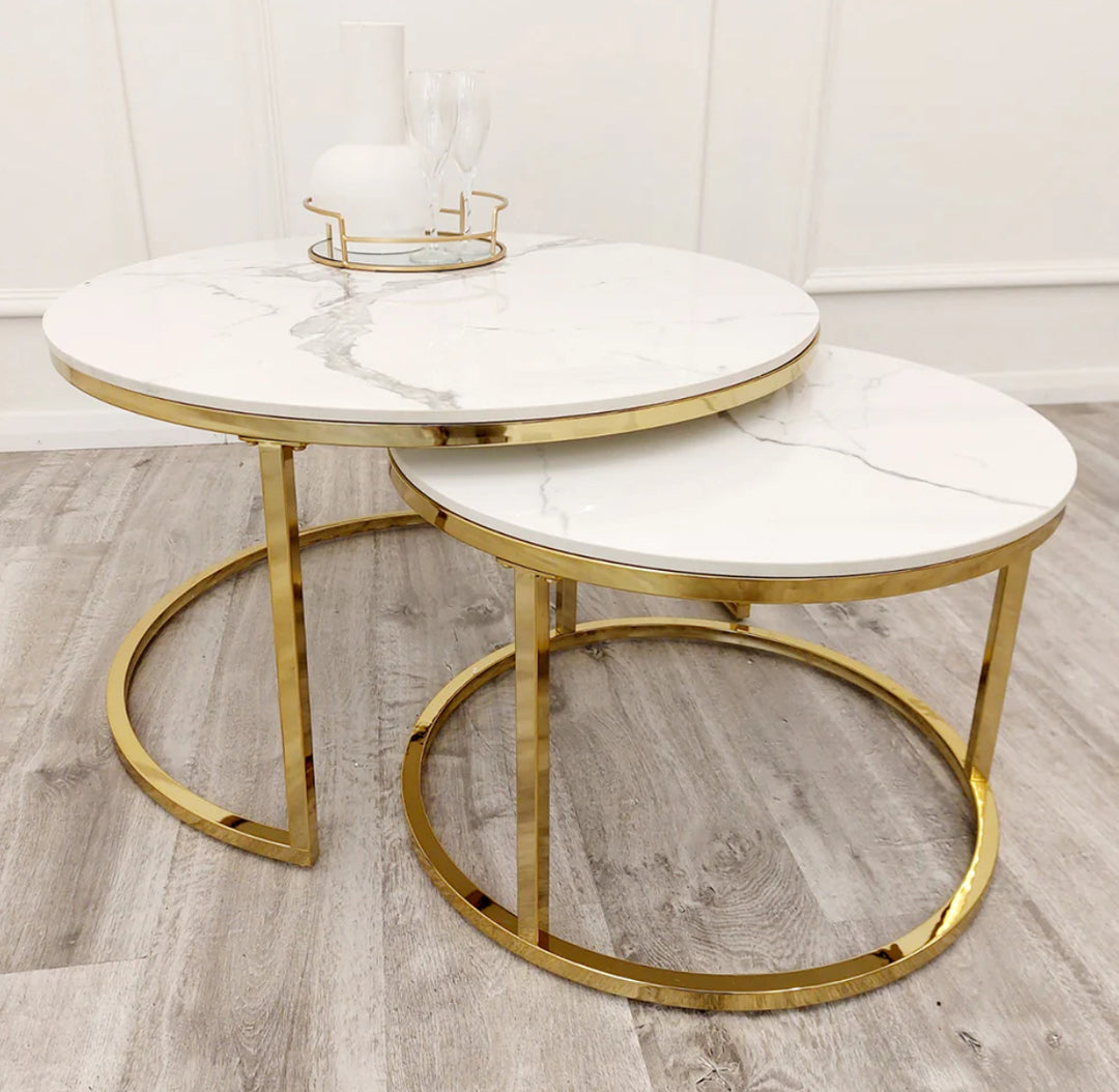 Round Coffee Table Gold  with Polar White Sintered Stone Tops