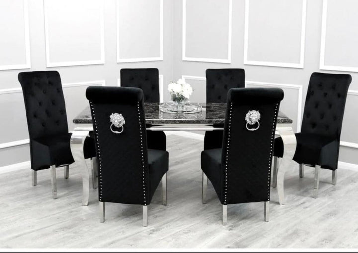 Louis Black Marble Dining Table + Sofia Black  Dining Chairs Lion Knocker
