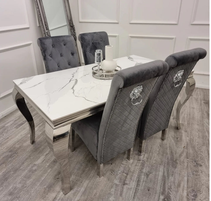 Louis White Marble Dining Table + Sofia Dark Grey Dining Chairs Lion Knocker