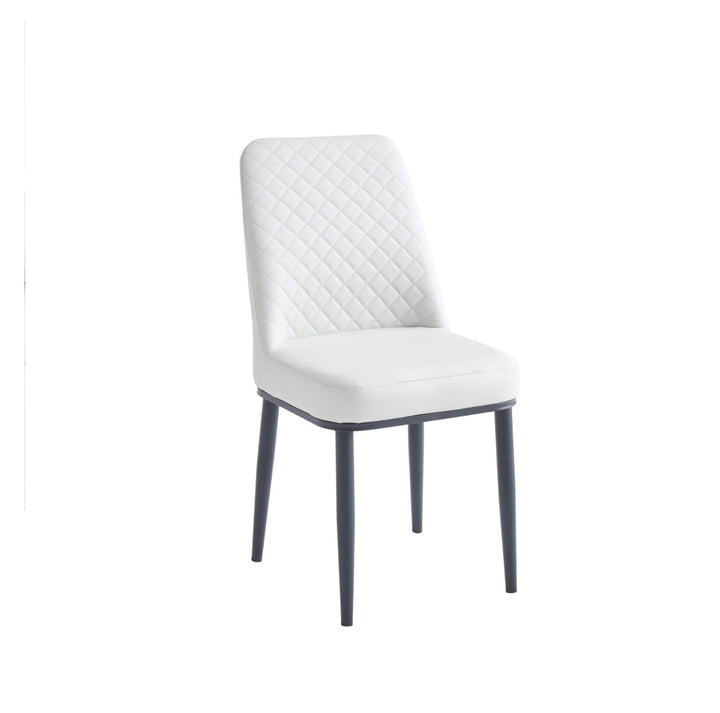 1.2M Oxford Ceramic White Dining Table 4 White Dining Leather Chairs on the white surface