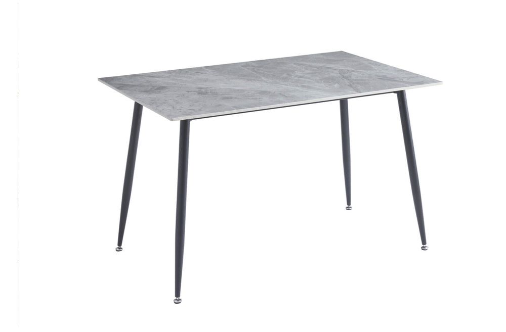 Rectangular table with a gray marble-like top and black legs on a white background