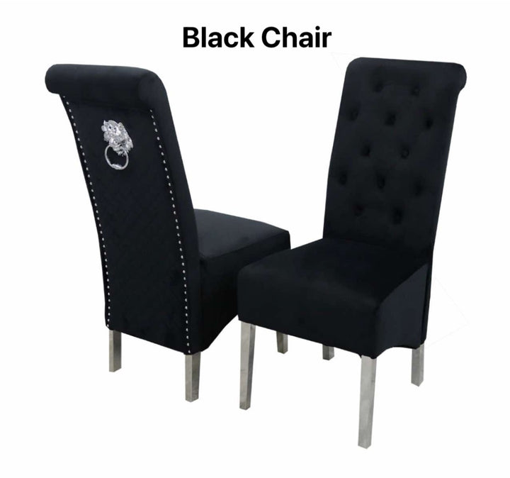 Louis Marble Dining Table + Sofia Black Dining Chairs Lion Knocker