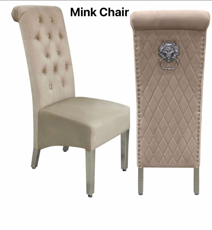 Louis Marble Dining Table + Sofia Mink Dining Chairs Lion Knocker