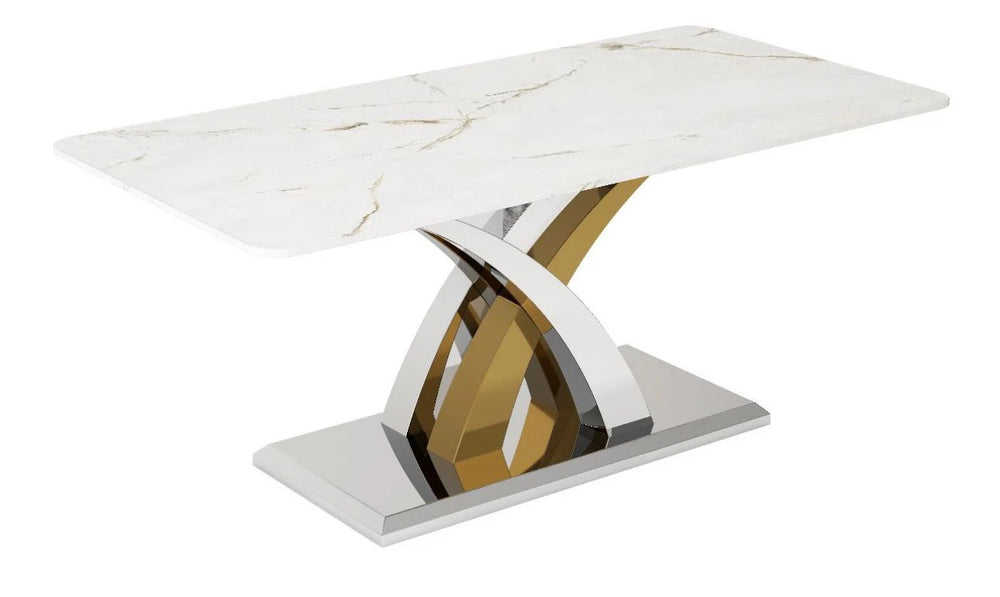 A rectangular dining table with a grey marble-like tabletop and metallic legs in gold and silver colors.