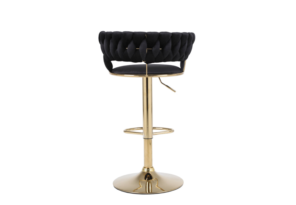 a black seater and golden leg barstool back side view on the white ambient