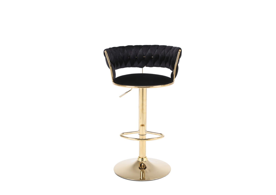 a black seater and golden leg barstool on the white ambient