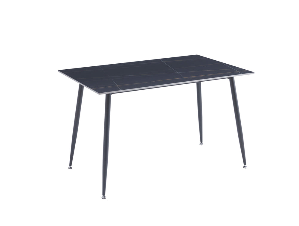 1.2M Oxford Ceramic Black Dining Table With 4 Black Dining Leather Chairs on thewhite surface