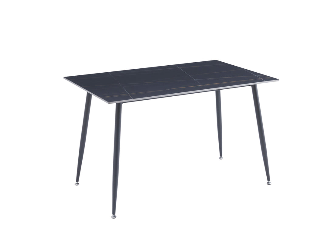 1.2M Oxford Ceramic Black Dining Table With 4 Black Dining Leather Chairs on thewhite surface