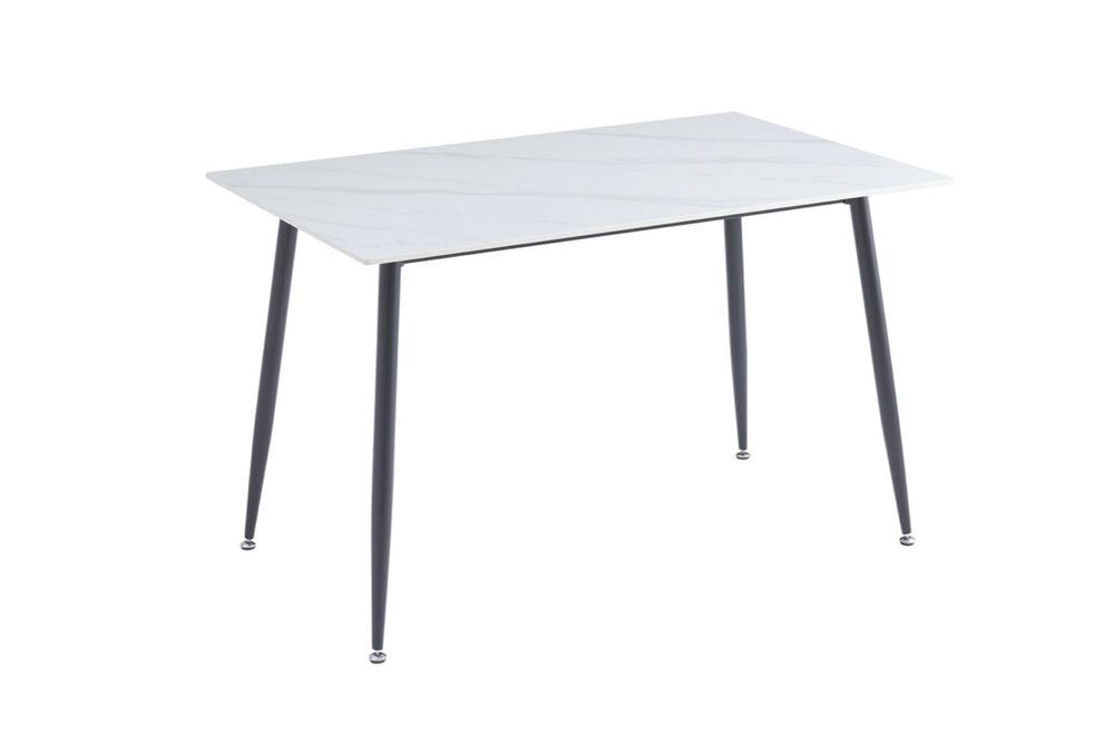 1.2M Oxford Ceramic White Dining Table 4 White Dining Leather Chairs on the white surface
