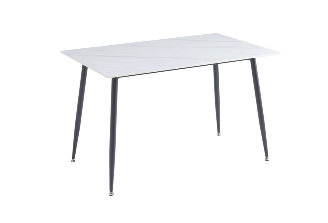 1.2M Oxford Ceramic White Dining Table 4 White Dining Leather Chairs on the white surface