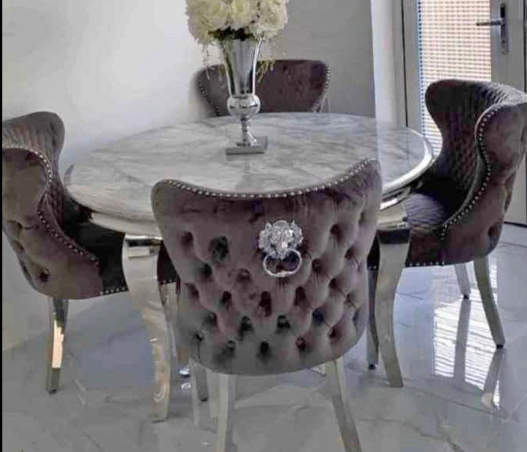 1.3M Louis Light Grey Marble Round Table + Dark Grey Valentino lion knocker Chairs