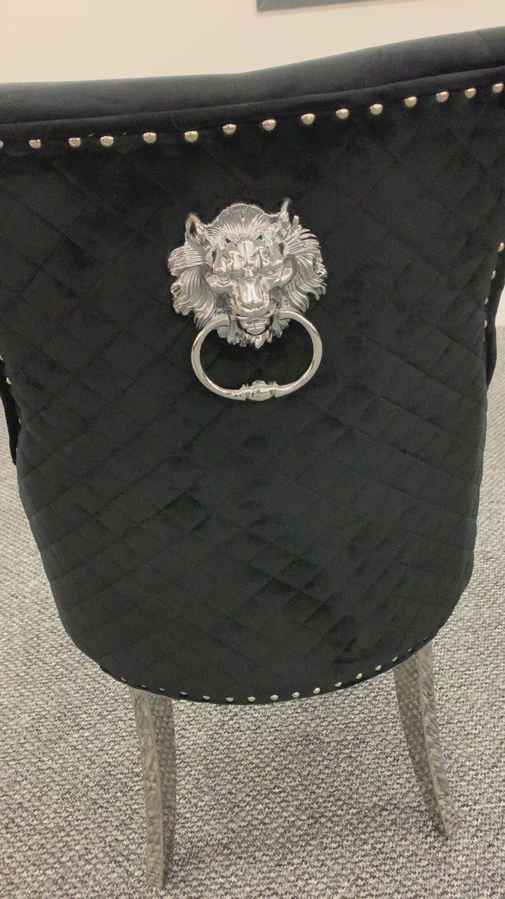 Ariana Marble Dining Table Light Grey  with Majestic Black Lion Knocker Chairs