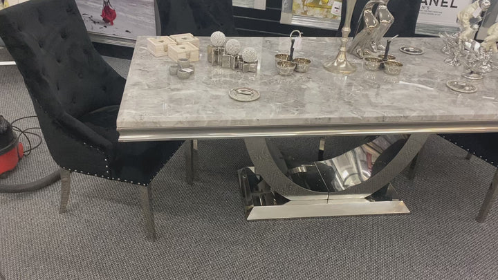 Ariel Marble Dining Table Light Grey  With Majestic Dark Grey Lion Knocker Chairs