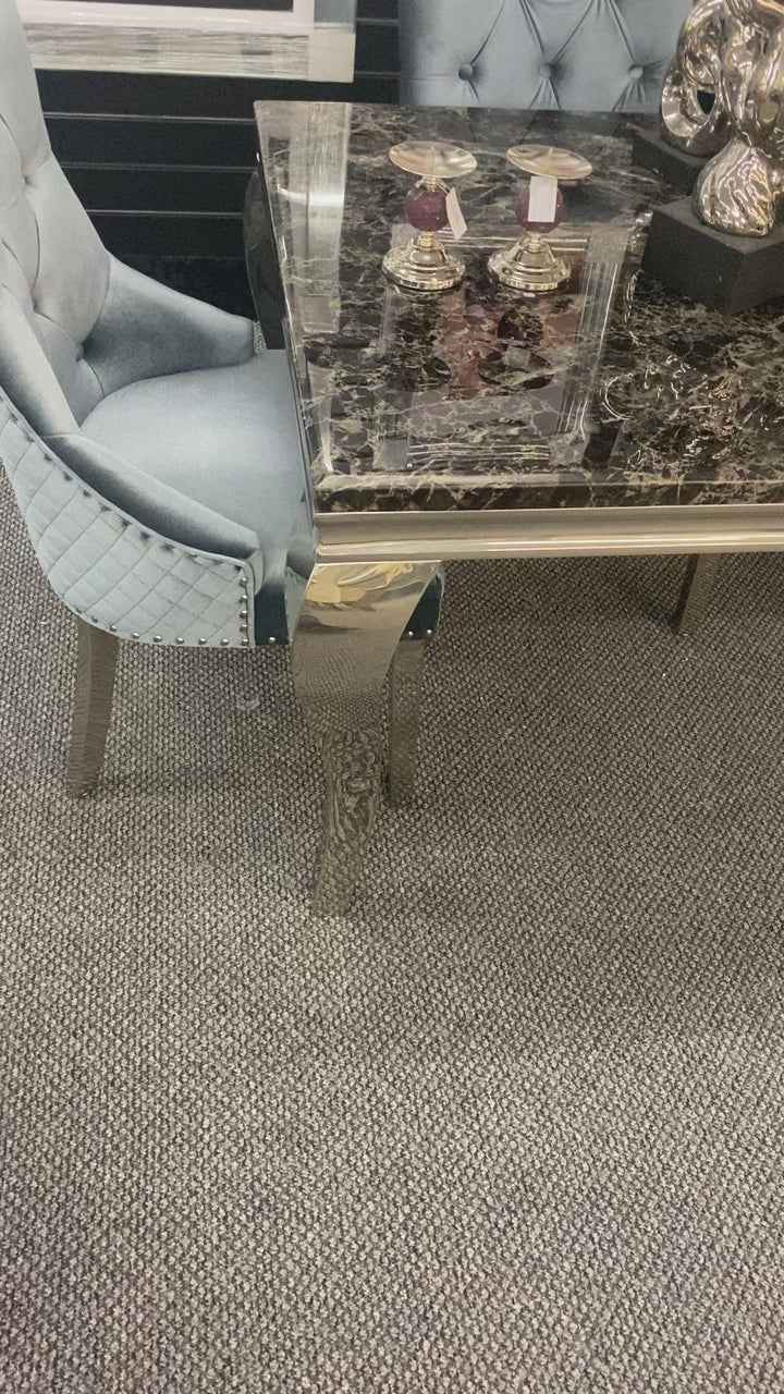 Square Marble Table Black With 4 Sofia Dark Grey Lion Knocker Chairs