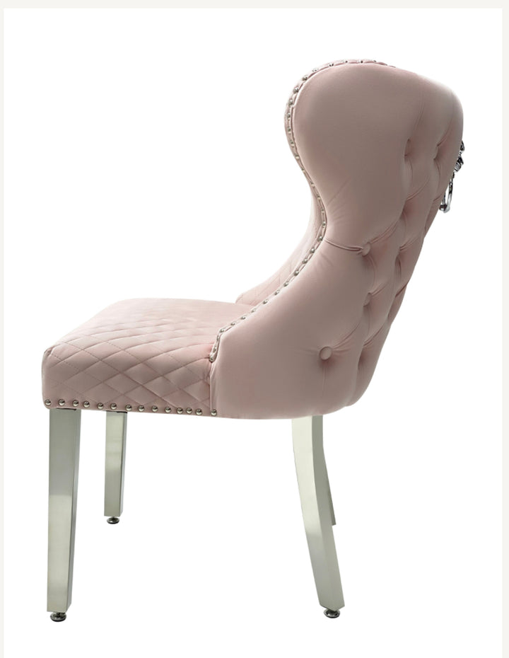 Louis Round Marble Dining Table + Mink Valentino Lion Knocker Chairs