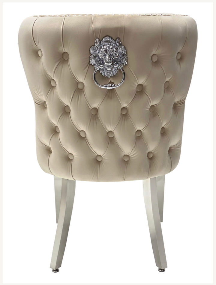 Louis Round Marble Dining Table + Mink Valentino Lion Knocker Chairs