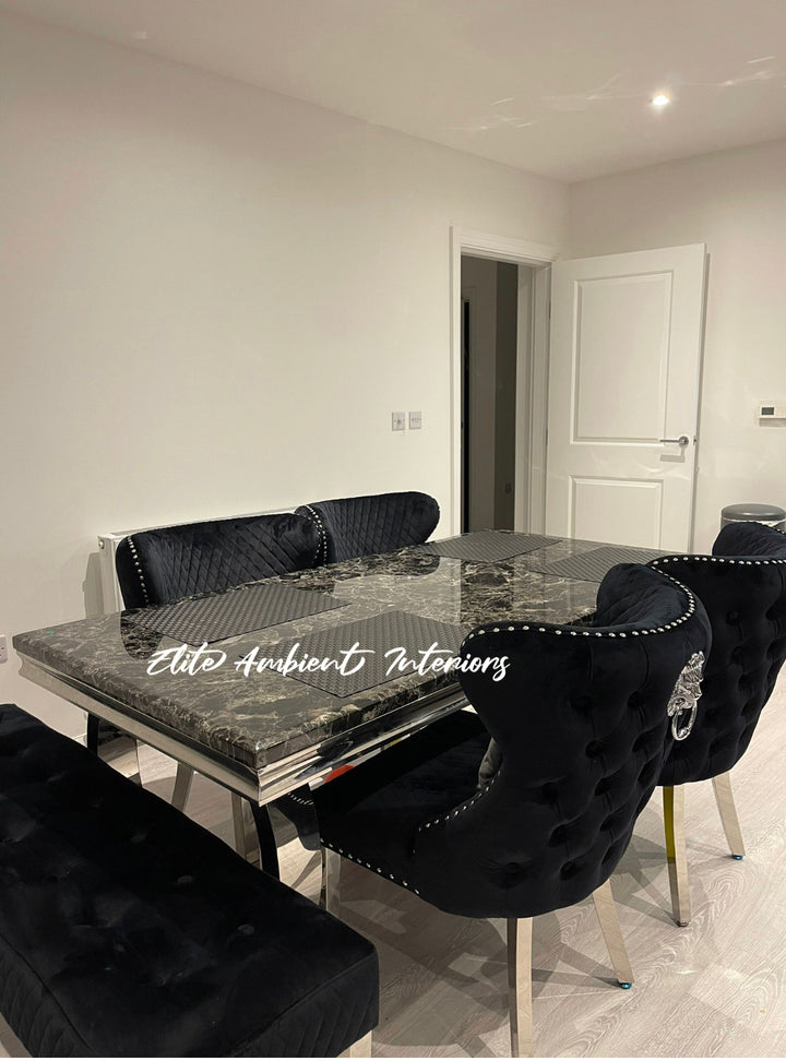Arriana Marble Dining Table Black With Valentino Black Lion Knocker Chairs