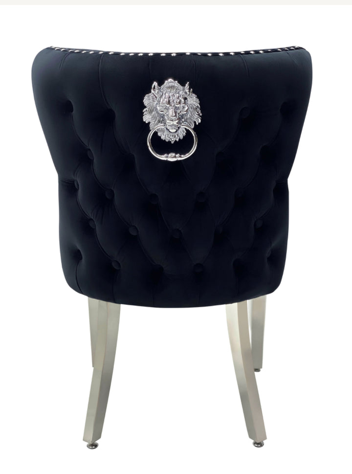 Louis Round Marble Dining Table + Mink Valentino Lion Knocker Chairs