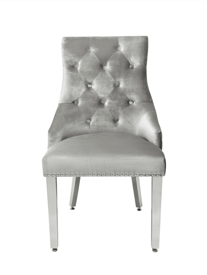 Ariel Marble Dining Table Light Grey  With Majestic Dark Grey Lion Knocker Chairs