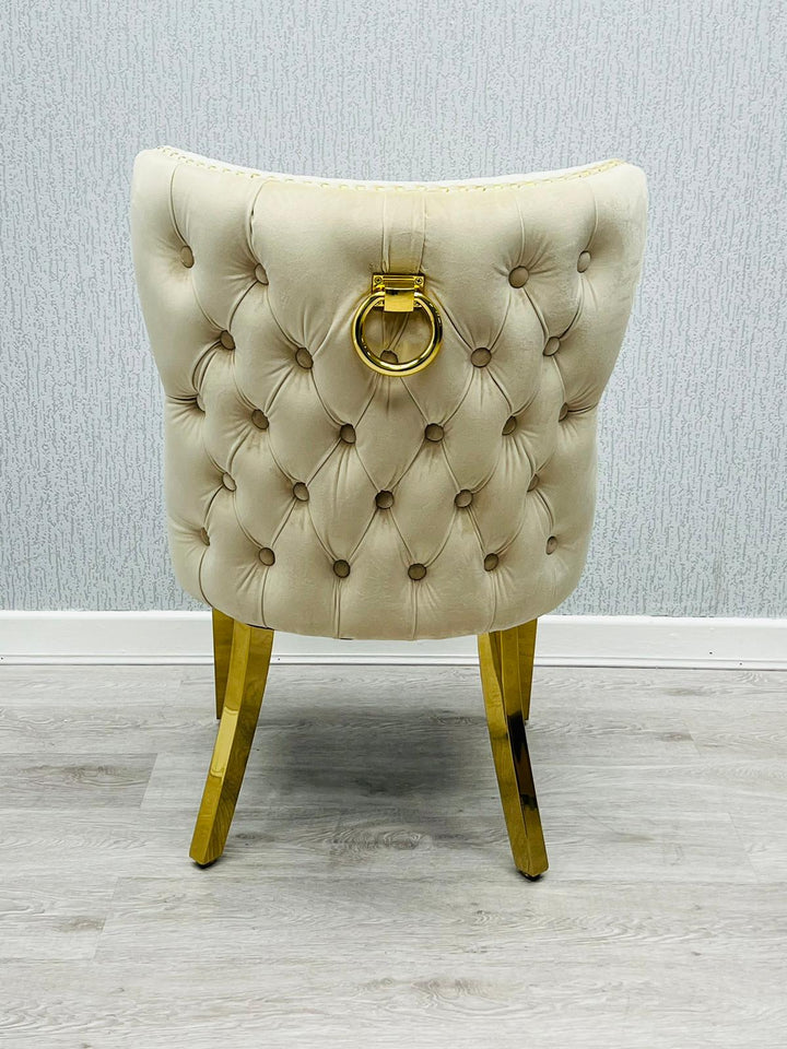 Pair of 2 Valentino Cream And Gold Dining Chair With Ring Knocker