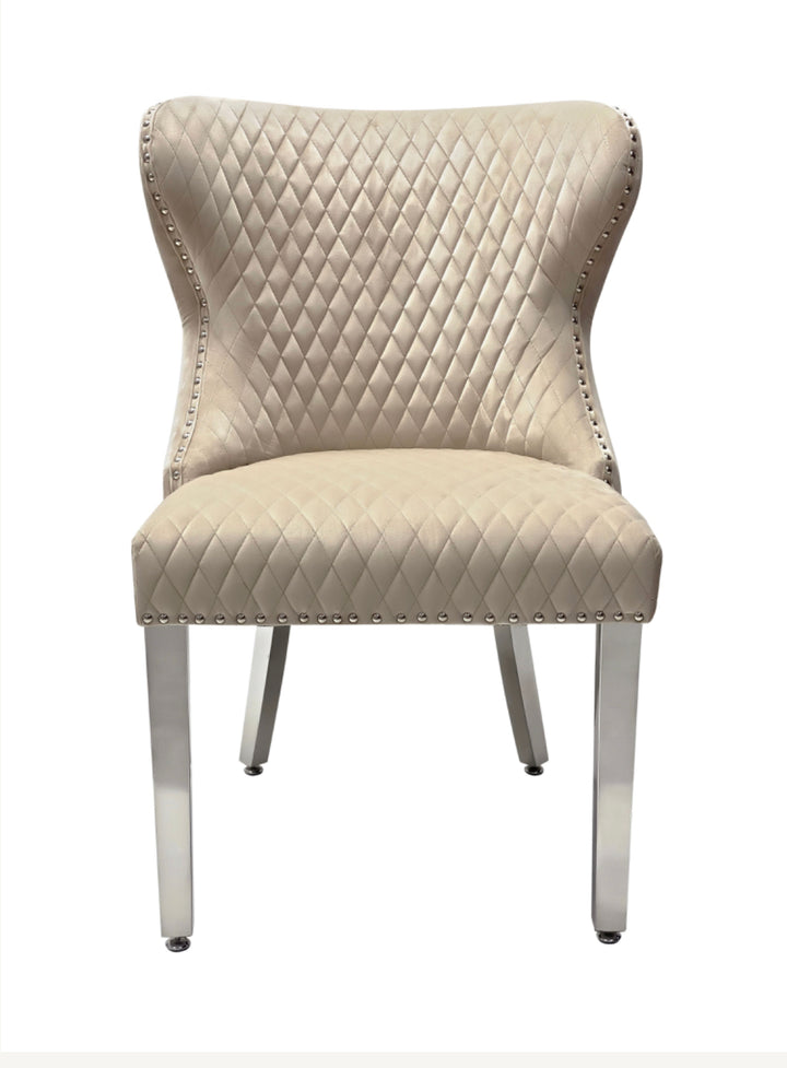 1.3M White Round Marble Dining Table With 4 Valentino Dark Grey Lion Knocker Chairs