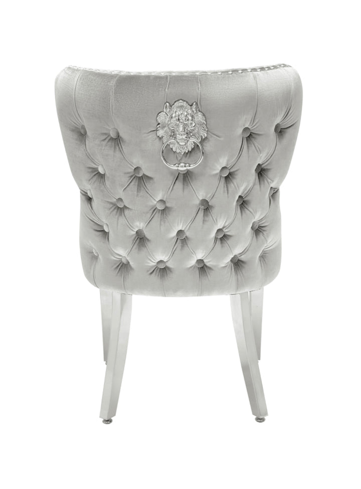 1.3M White Round Marble Dining Table With 4 Valentino Dark Grey Lion Knocker Chairs