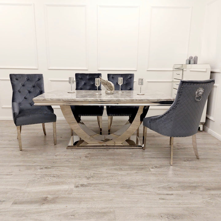 Ariel Marble Dining Table Light Grey  With Majestic Dark Grey Lion Knocker Chairs