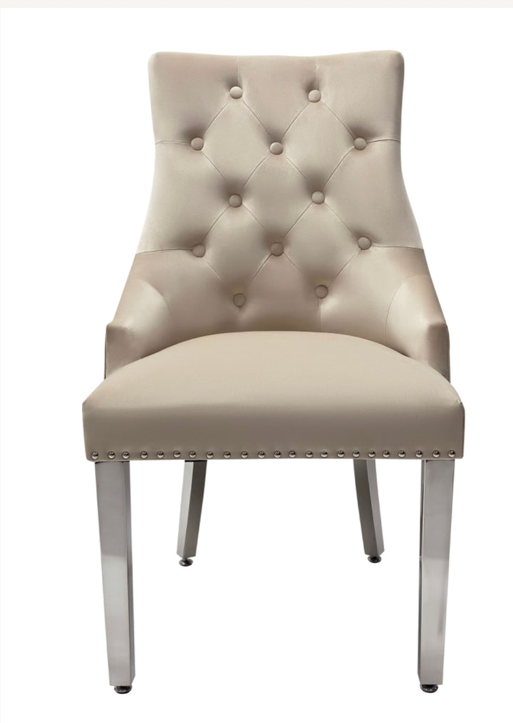 London Marble Dining Table White With Majestic Mink Chairs Lion Knocker