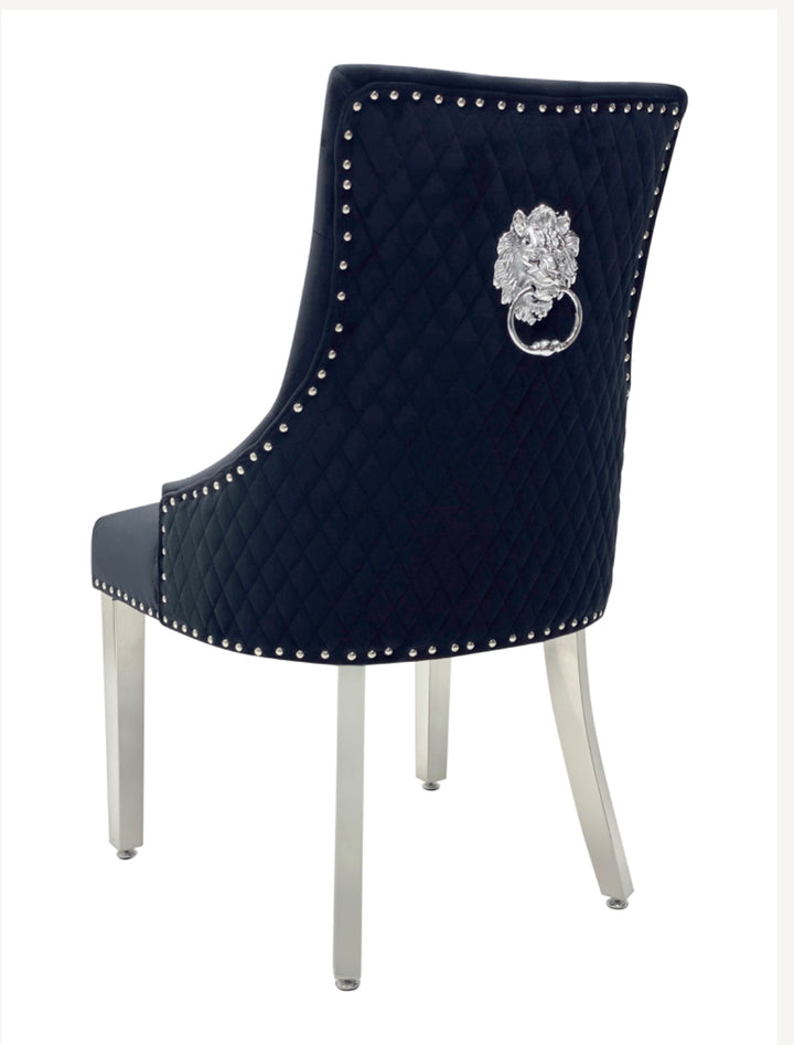 London Marble Dining Table White With Majestic Mink Chairs Lion Knocker