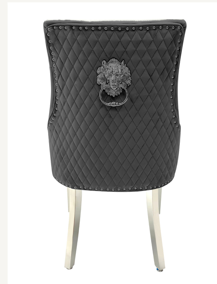 Ariel Marble Dining Table Light Grey  With Majestic Dark Grey Lion Knocker Chairs