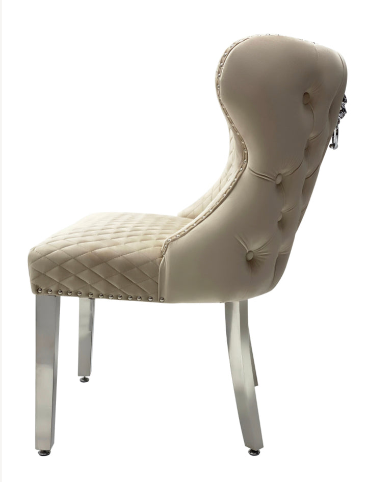 1.3M White Round Marble Dining Table With 4 Valentino Dark Grey Lion Knocker Chairs