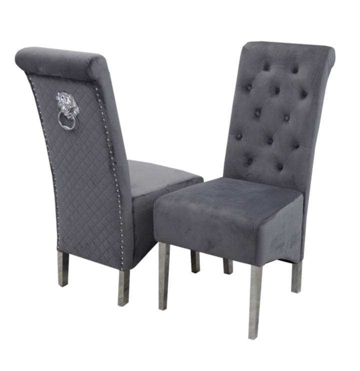 Louis 120x80cm Light Grey Table With 4 Sofia Dark Grey Lion Knocker Chairs